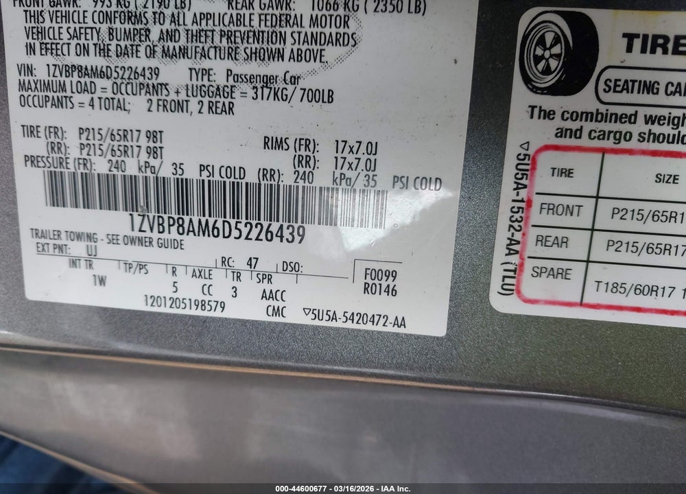 2013 FORD MUSTANG V6 VIN: 1ZVBP8AM6D5226439