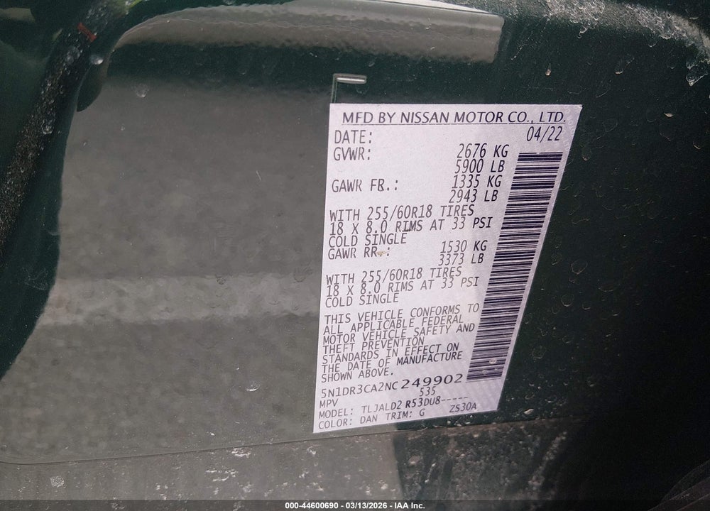 2022 NISSAN PATHFINDER SL 2WD VIN: 5N1DR3CA2NC249902