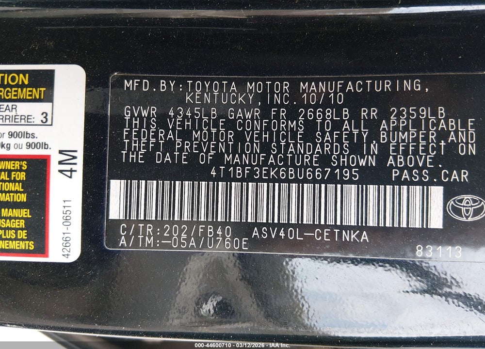 2011 TOYOTA CAMRY VIN: 4T1BF3EK6BU667195