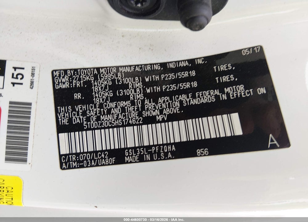 2017 TOYOTA SIENNA XLE 7 PASSENGER VIN: 5TDDZ3DC5HS174622