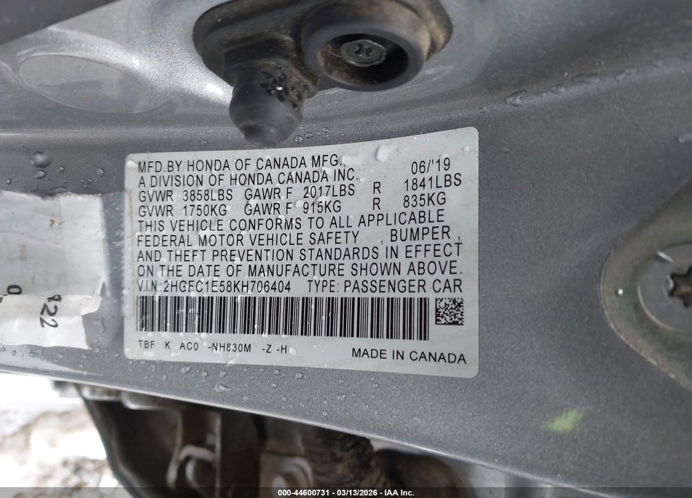 2019 HONDA CIVIC SI VIN: 2HGFC1E58KH706404