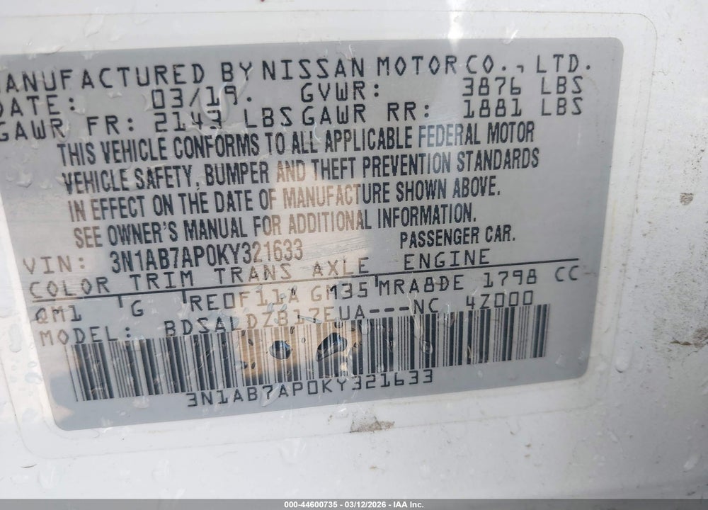 2019 NISSAN SENTRA SV VIN: 3N1AB7AP0KY321633