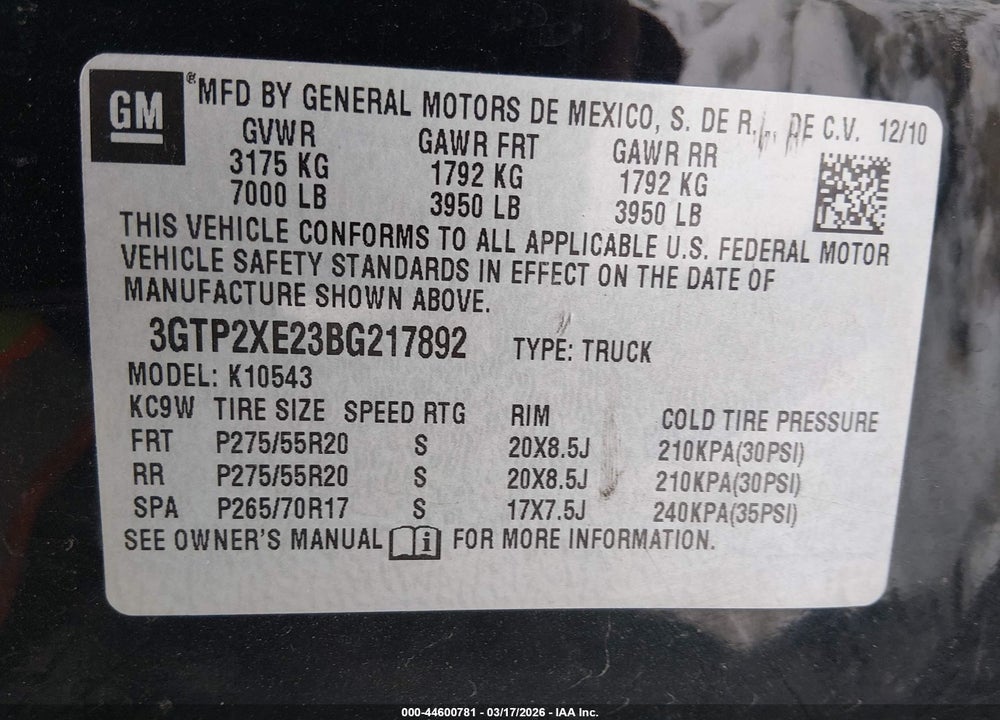 2011 GMC SIERRA 1500 DENALI VIN: 3GTP2XE23BG217892