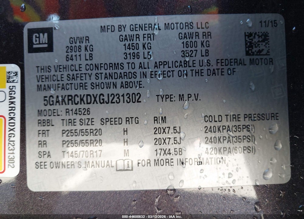 2016 BUICK ENCLAVE PREMIUM VIN: 5GAKRCKDXGJ231302
