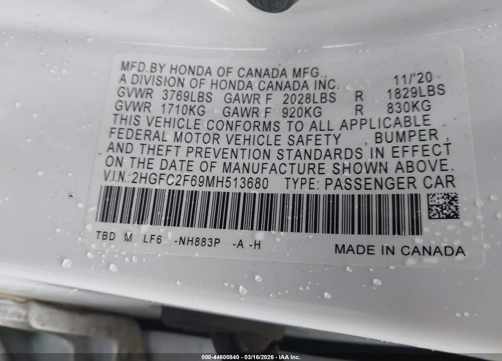 2021 HONDA CIVIC LX VIN: 2HGFC2F69MH513680