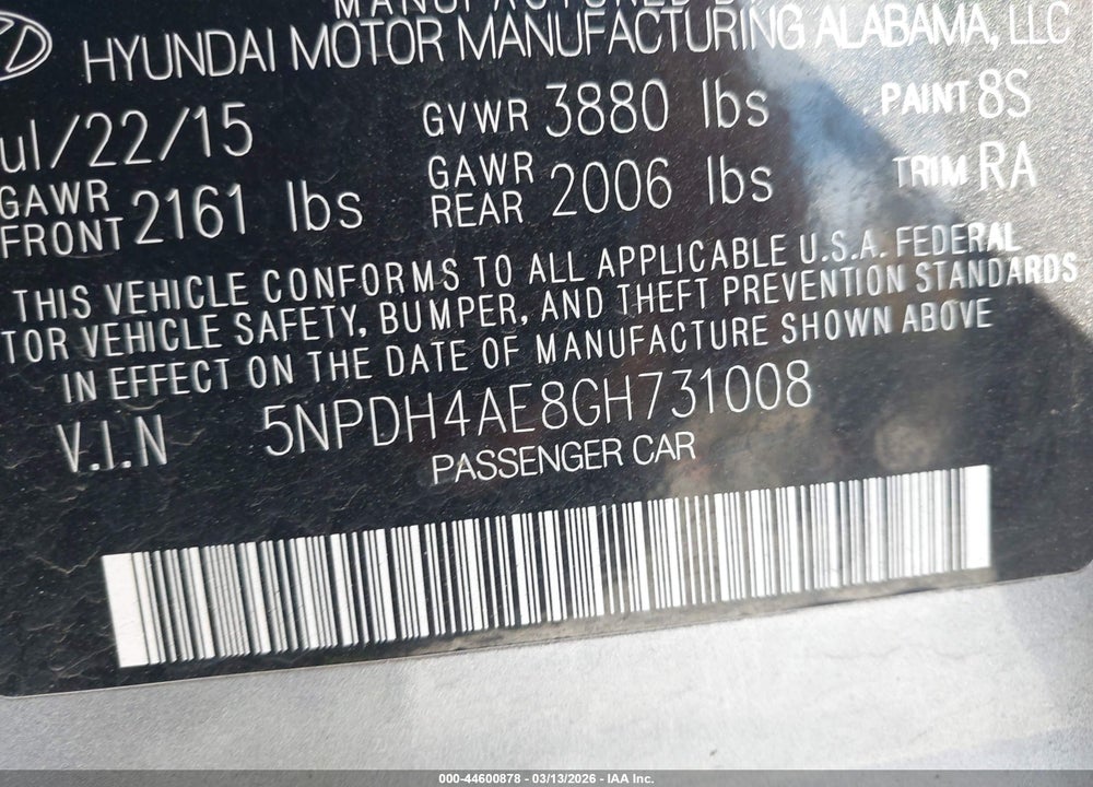 2016 HYUNDAI ELANTRA SE VIN: 5NPDH4AE8GH731008