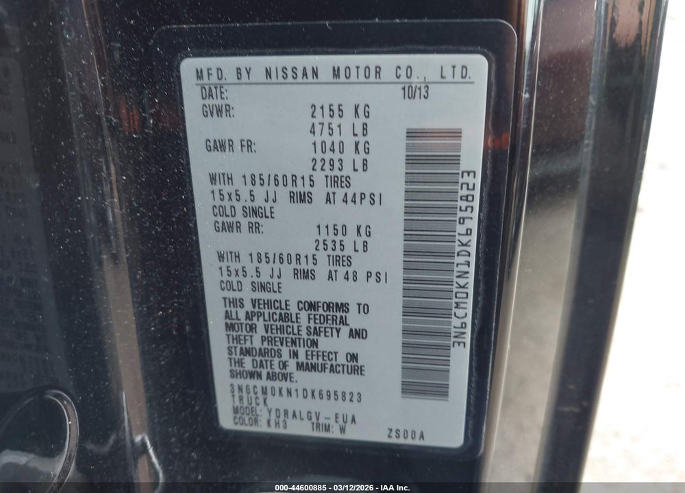 2013 NISSAN NV200 SV VIN: 3N6CM0KN1DK695823