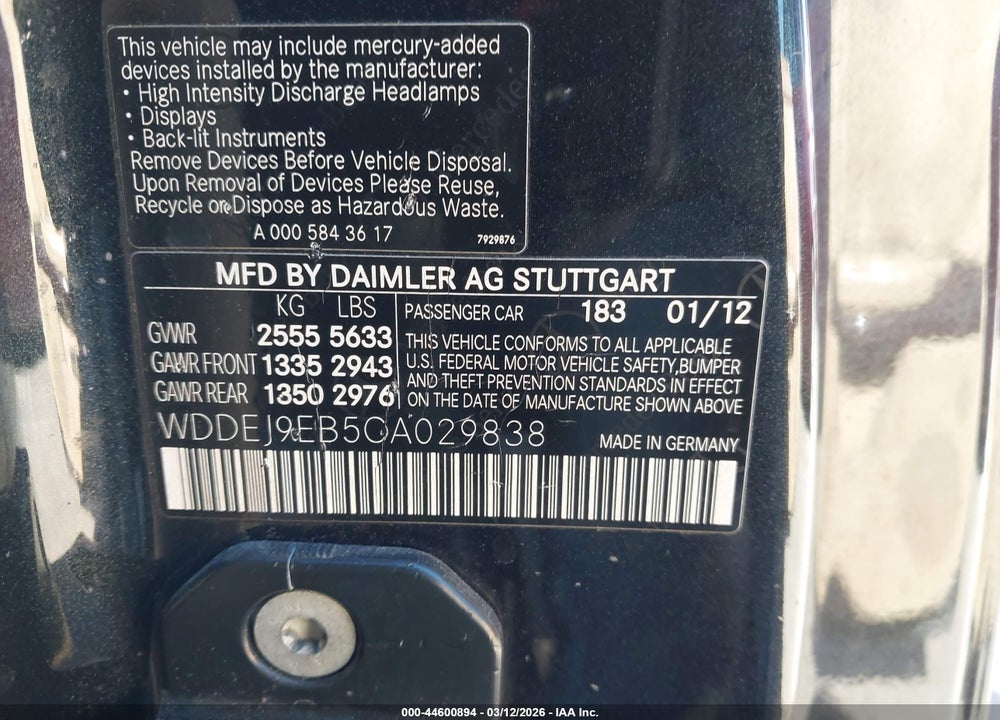 2012 MERCEDES-BENZ CL 550 4MATIC VIN: WDDEJ9EB5CA029838