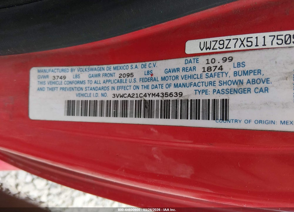 2000 VOLKSWAGEN NEW BEETLE GLS VIN: 3VWCA21C4YM435639
