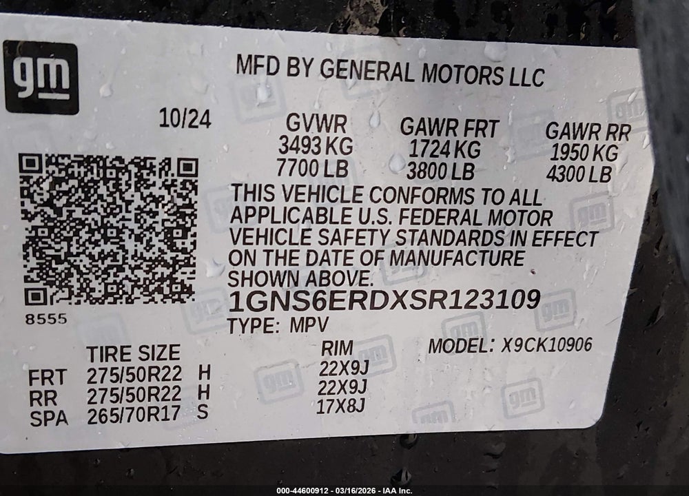 2025 CHEVROLET SUBURBAN 4WD RST VIN: 1GNS6ERDXSR123109