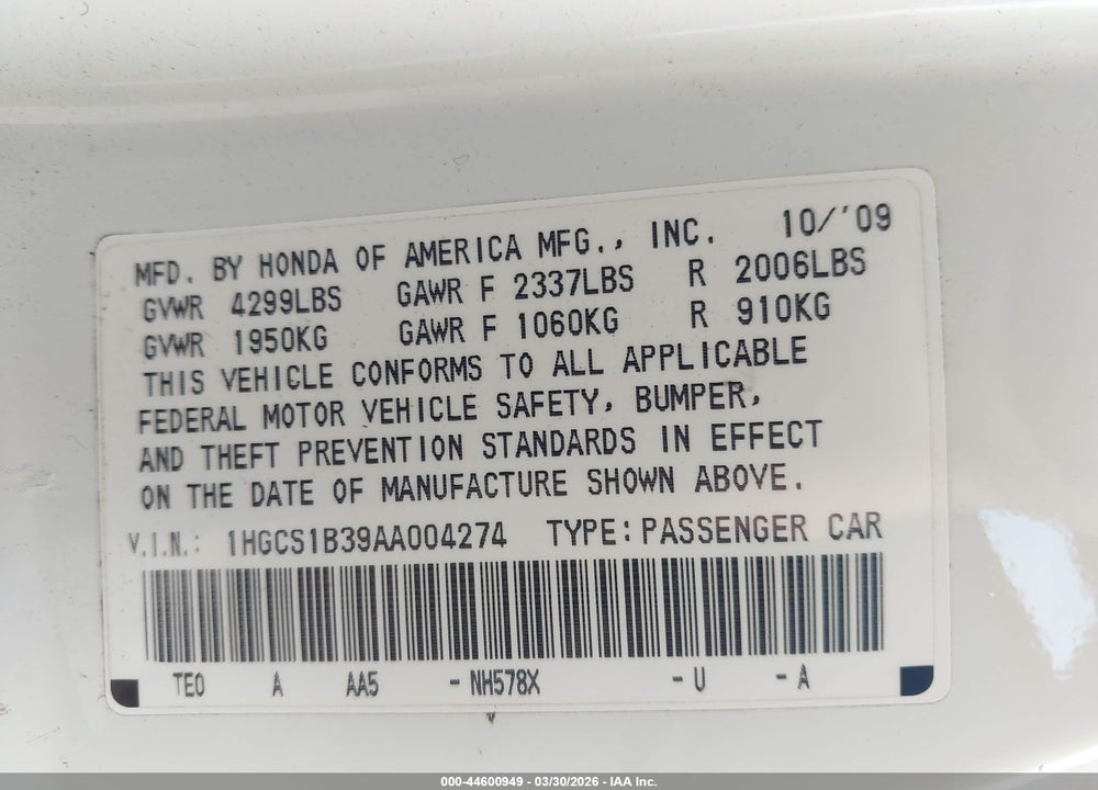 2010 HONDA ACCORD 2.4 LX-S VIN: 1HGCS1B39AA004274