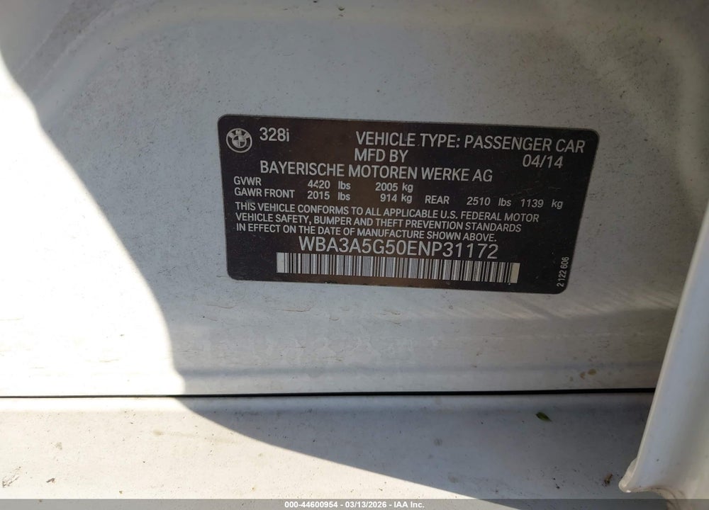 2014 BMW 328I VIN: WBA3A5G50ENP31172