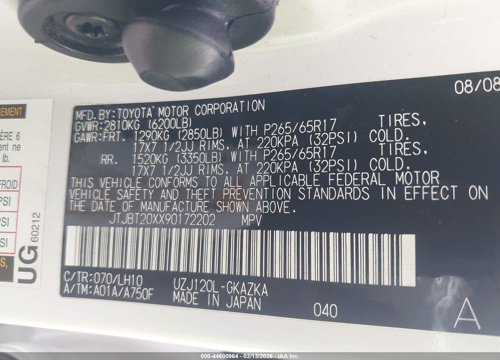 2009 LEXUS GX 470 VIN: JTJBT20XX90172202