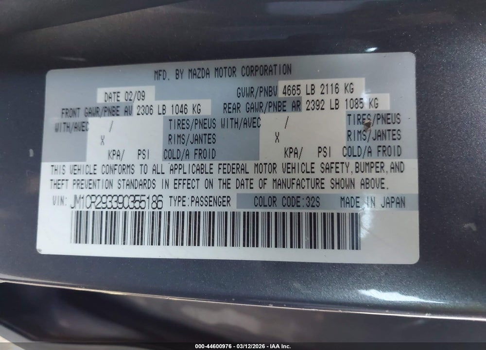 2009 MAZDA 5 VIN: JM1CR293390355186