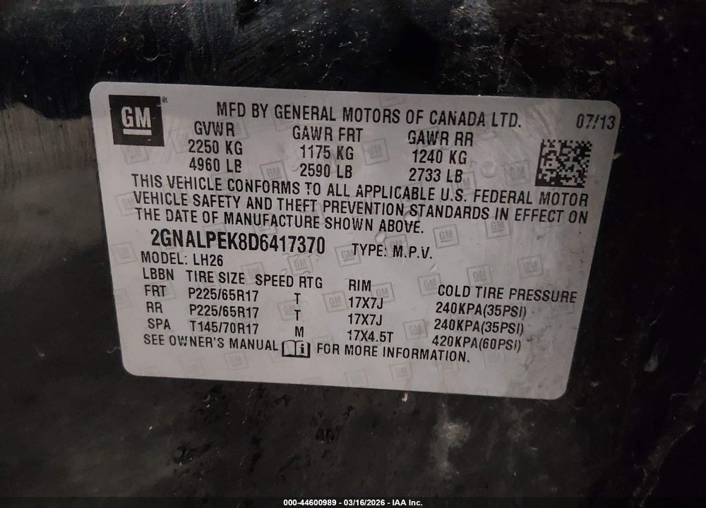 2013 CHEVROLET EQUINOX 2LT VIN: 2GNALPEK8D6417370