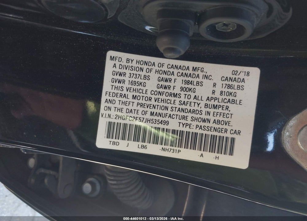 2018 HONDA CIVIC LX VIN: 2HGFC2F57JH535499