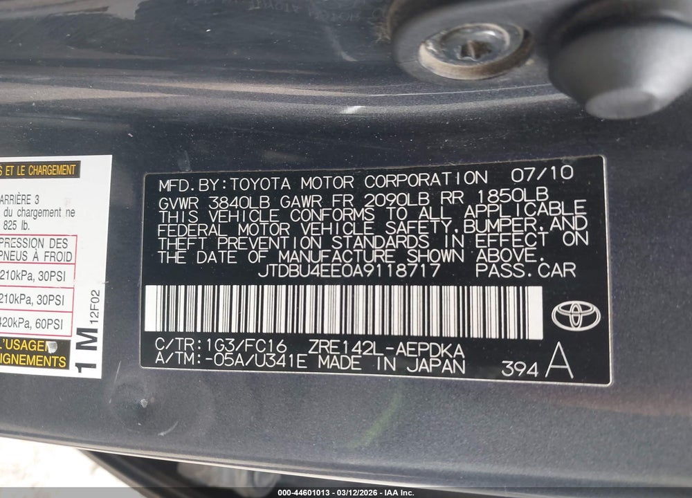 2010 TOYOTA COROLLA LE VIN: JTDBU4EE0A9118717