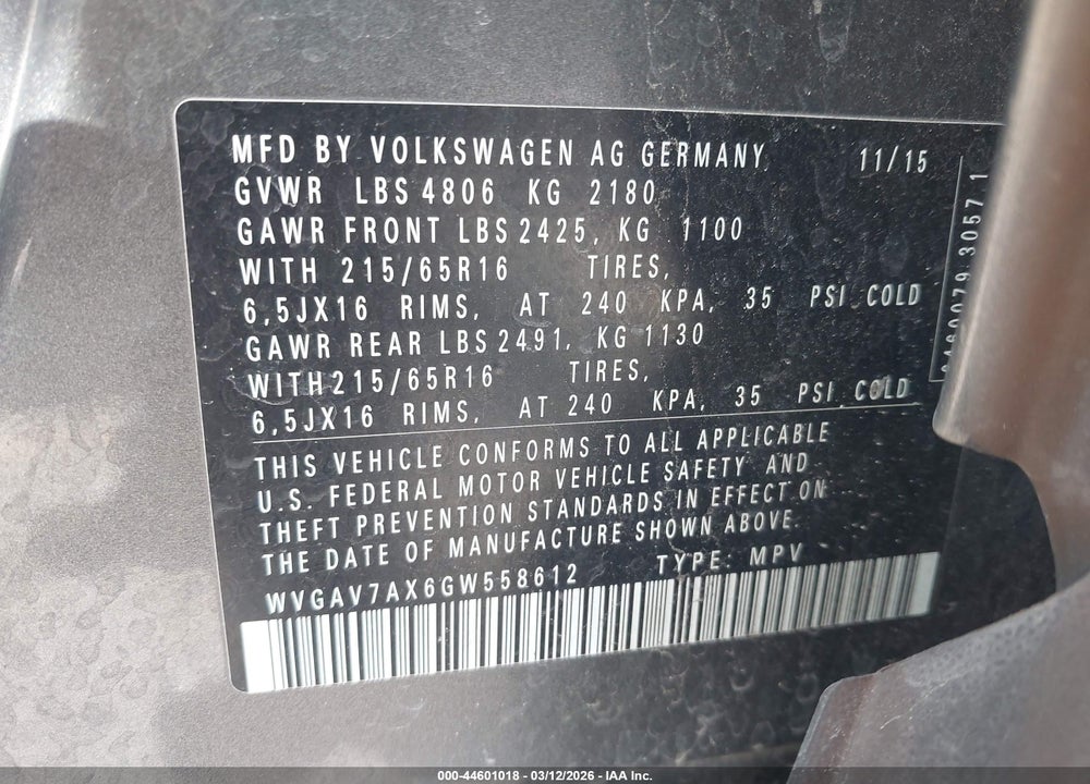 2016 VOLKSWAGEN TIGUAN S VIN: WVGAV7AX6GW558612