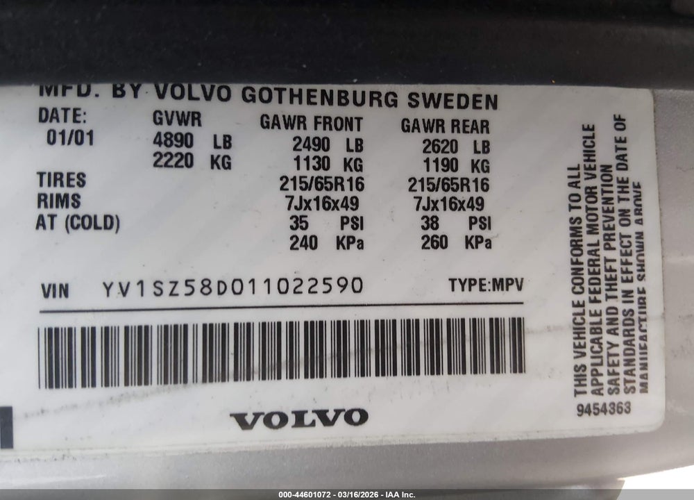 2001 VOLVO V70 XC VIN: YV1SZ58D011022590