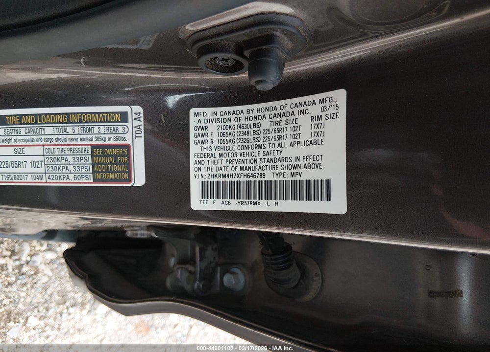 2015 HONDA CR-V EX-L VIN: 2HKRM4H7XFH646789