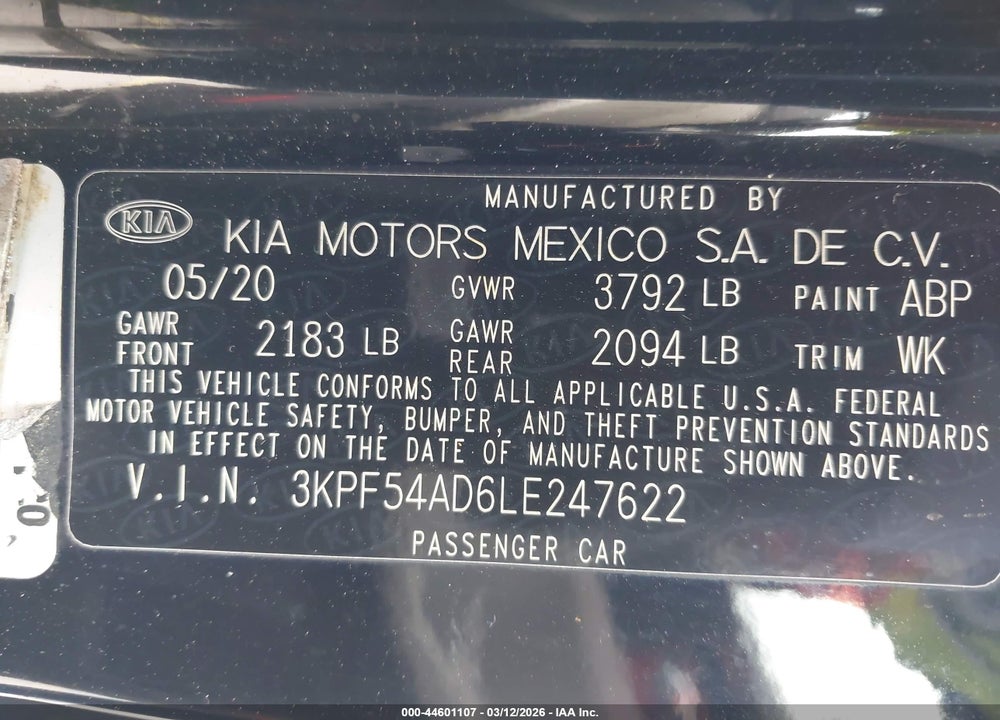 2020 KIA FORTE EX VIN: 3KPF54AD6LE247622
