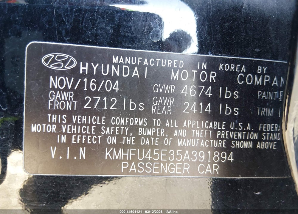 2005 HYUNDAI XG350 L VIN: KMHFU45E35A391894