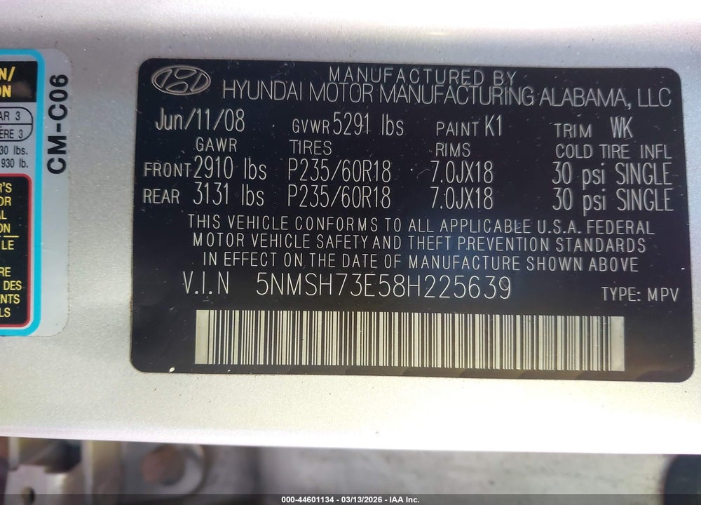 2008 HYUNDAI SANTA FE LIMITED/SE VIN: 5NMSH73E58H225639