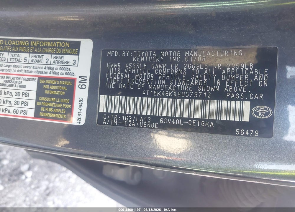 2008 TOYOTA CAMRY XLE V6 VIN: 4T1BK46KX8U575712