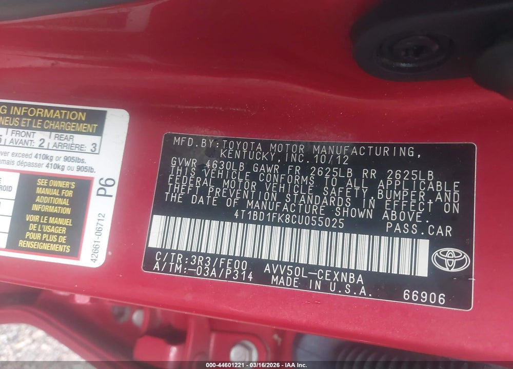 2012 TOYOTA CAMRY HYBRID LE VIN: 4T1BD1FK8CU055025
