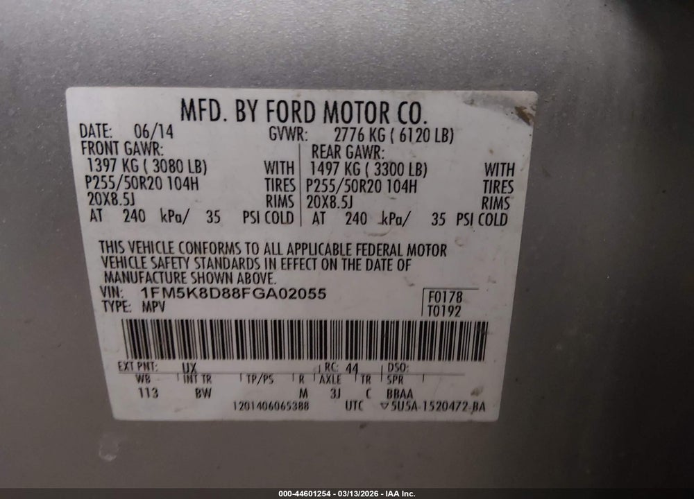 2015 FORD EXPLORER XLT VIN: 1FM5K8D88FGA02055