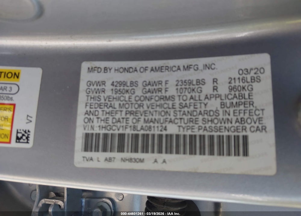 2020 HONDA ACCORD LX VIN: 1HGCV1F18LA081124