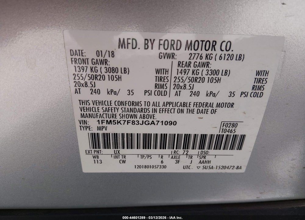 2018 FORD EXPLORER LIMITED VIN: 1FM5K7F83JGA71090