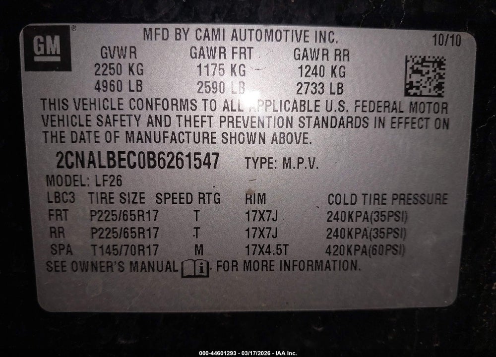 2011 CHEVROLET EQUINOX LS VIN: 2CNALBEC0B6261547