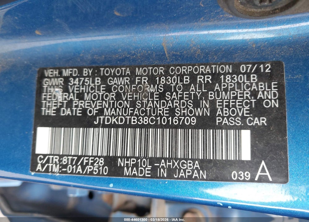 2012 TOYOTA PRIUS C THREE VIN: JTDKDTB38C1016709