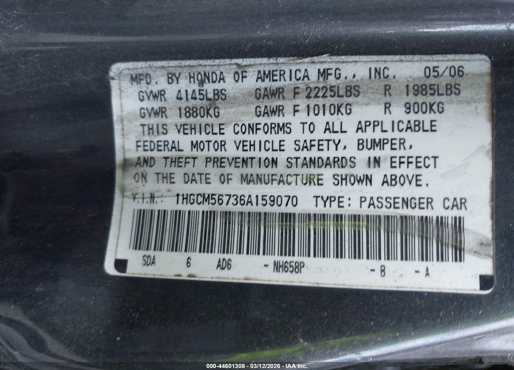 2006 HONDA ACCORD 2.4 EX VIN: 1HGCM56736A159070