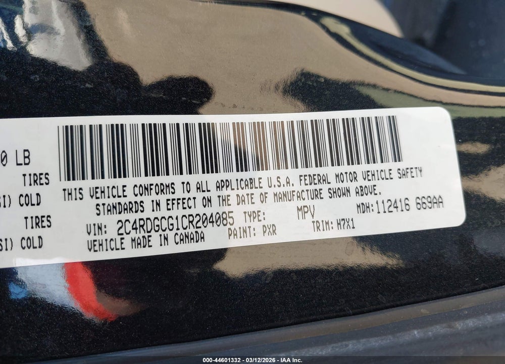 2012 DODGE GRAND CARAVAN SXT VIN: 2C4RDGCG1CR204085