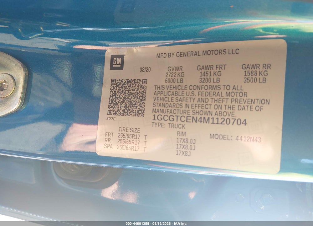 2021 CHEVROLET COLORADO 4WD  SHORT BOX LT VIN: 1GCGTCEN4M1120704