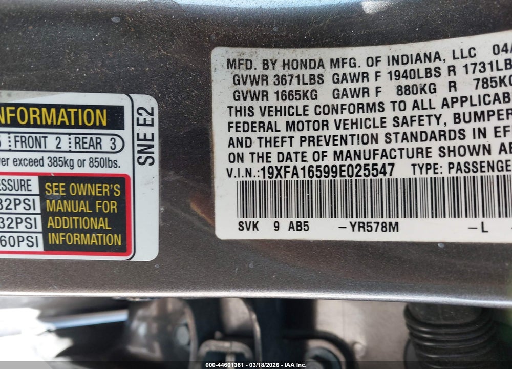 2009 HONDA CIVIC LX VIN: 19XFA16599E025547