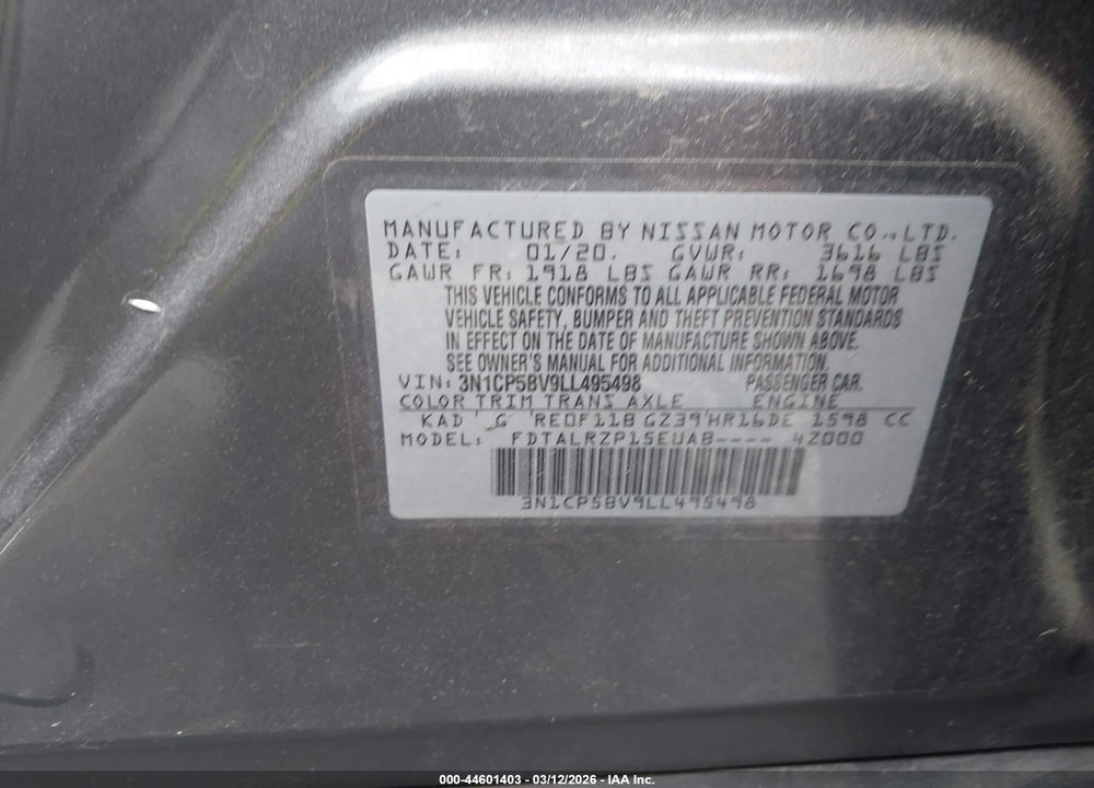 2020 NISSAN KICKS S XTRONIC CVT VIN: 3N1CP5BV9LL495498
