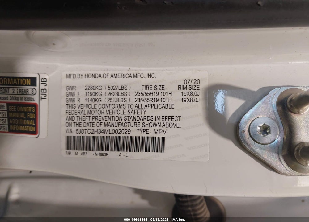 2021 ACURA RDX STANDARD VIN: 5J8TC2H34ML002029