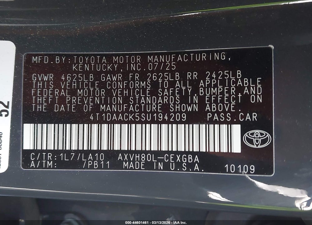 2025 TOYOTA CAMRY XLE VIN: 4T1DAACK5SU194209
