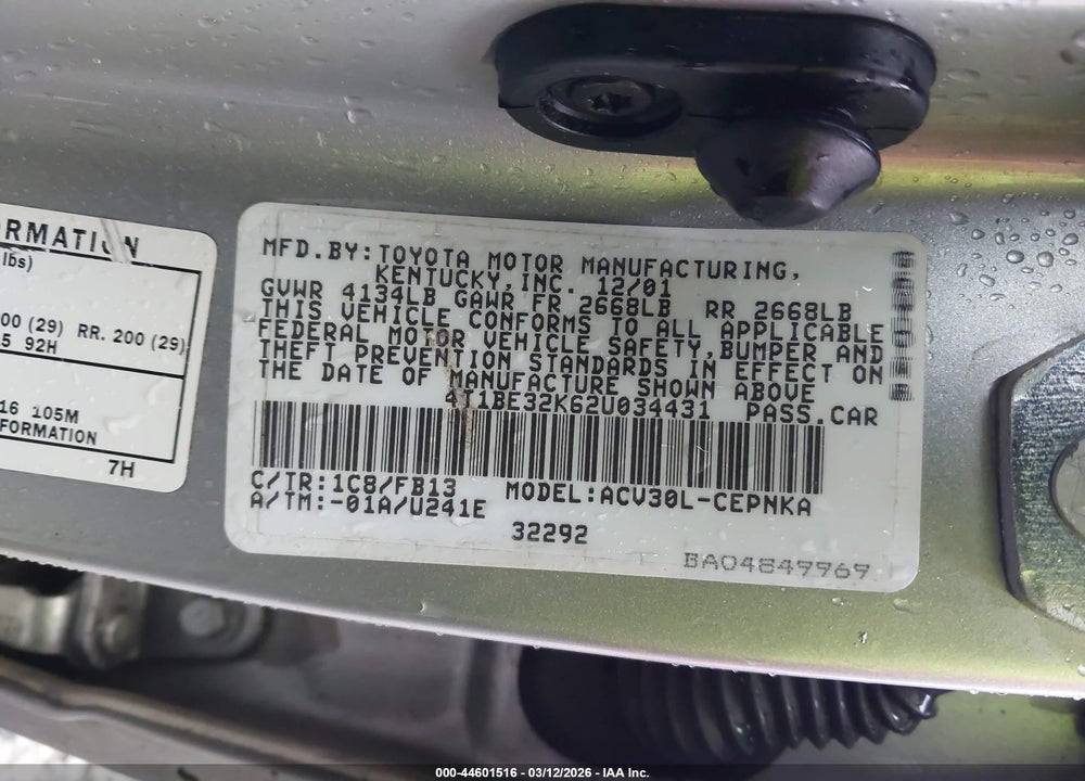 2002 TOYOTA CAMRY LE VIN: 4T1BE32K62U034431