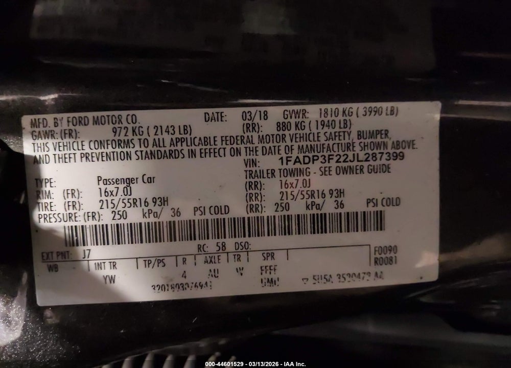 2018 FORD FOCUS SE VIN: 1FADP3F22JL287399