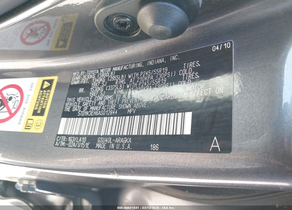 2010 TOYOTA HIGHLANDER LIMITED V6 VIN: 5TDYK3EH6AS012844