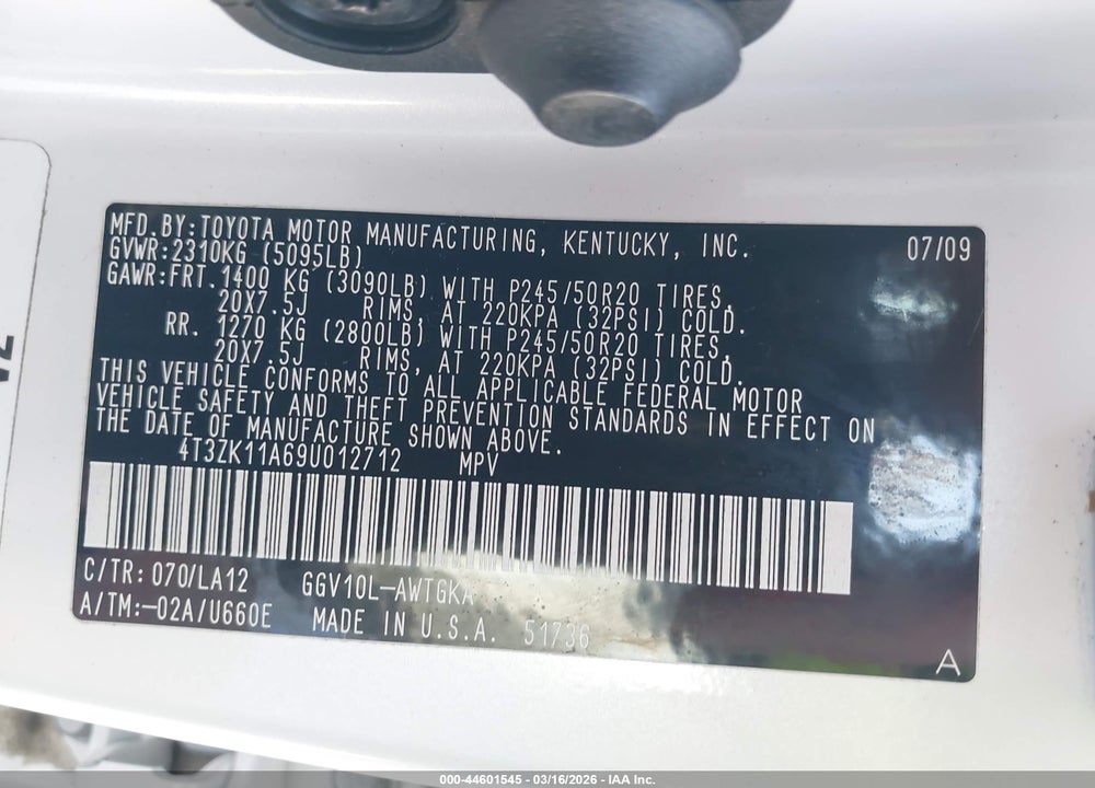 2009 TOYOTA VENZA BASE V6 VIN: 4T3ZK11A69U012712