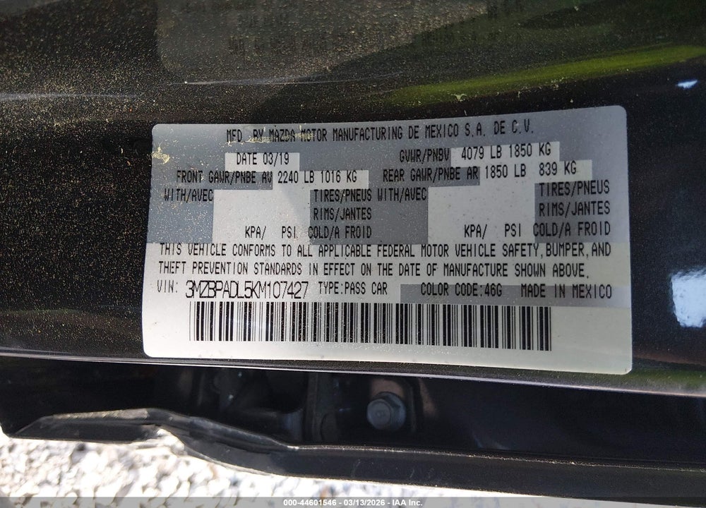2019 MAZDA 3 PREFERRED PACKAGE VIN: 3MZBPADL5KM107427