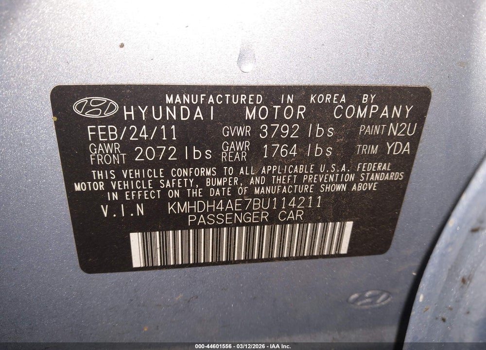 2011 HYUNDAI ELANTRA GLS (ULSAN PLANT) VIN: KMHDH4AE7BU114211