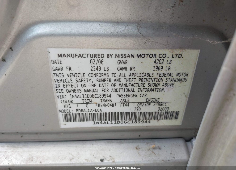 2006 NISSAN ALTIMA 2.5 S VIN: 1N4AL11D06C189944