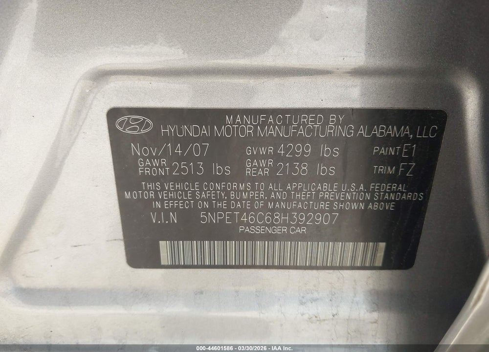 2008 HYUNDAI SONATA GLS VIN: 5NPET46C68H392907