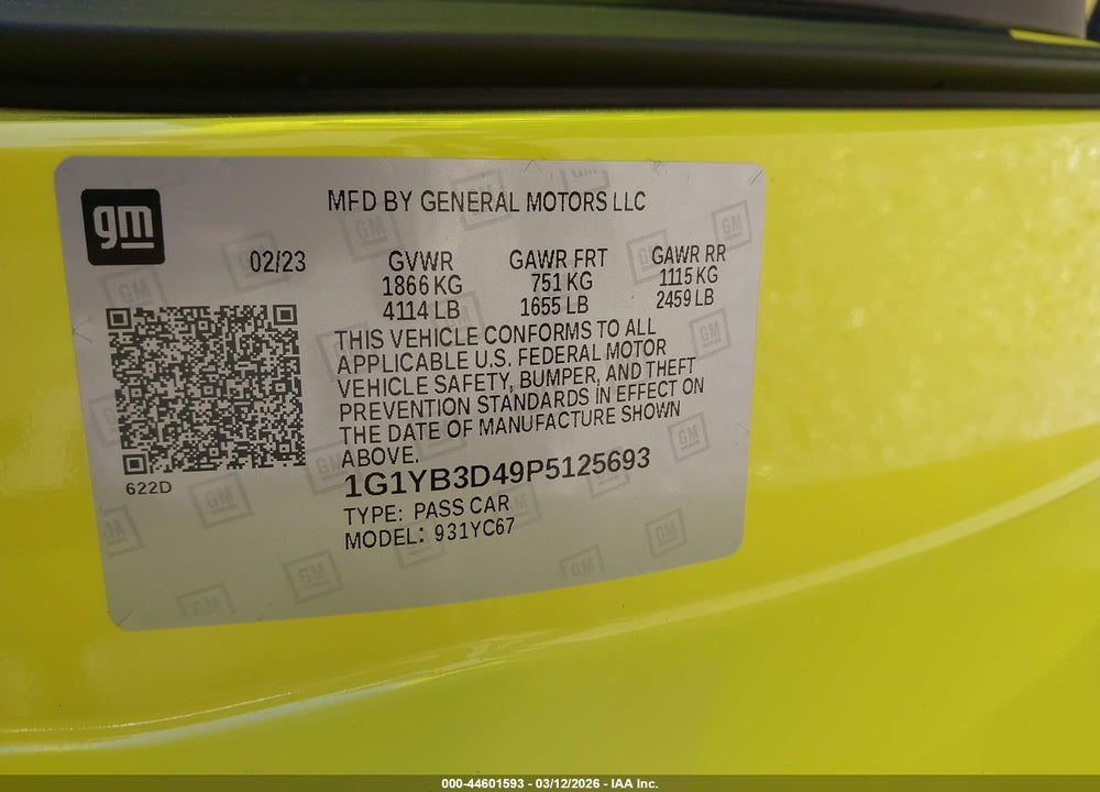 2023 CHEVROLET CORVETTE STINGRAY RWD  2LT VIN: 1G1YB3D49P5125693